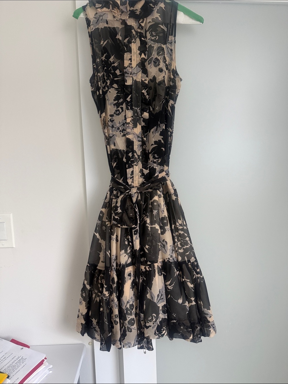 Tracy Reese Black and Beige Floral Tie-Waist Midi Dress